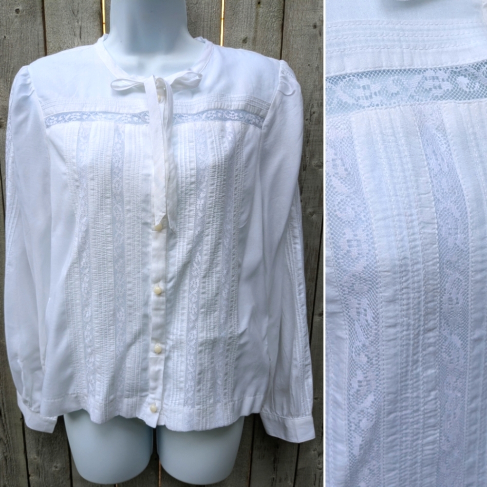 J Crew White Lace Blouse Elegant Women's Top Tie Neck Long Sleeves